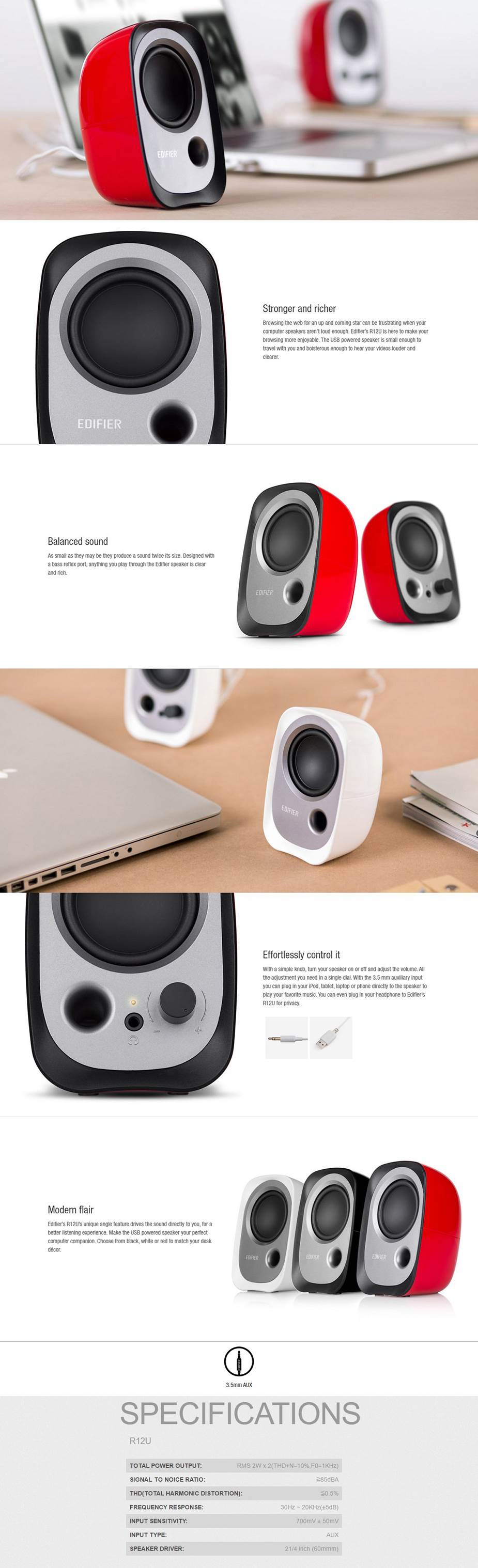 A large marketing image providing additional information about the product Edifier R12U 2.0 USB Speakers White - Additional alt info not provided