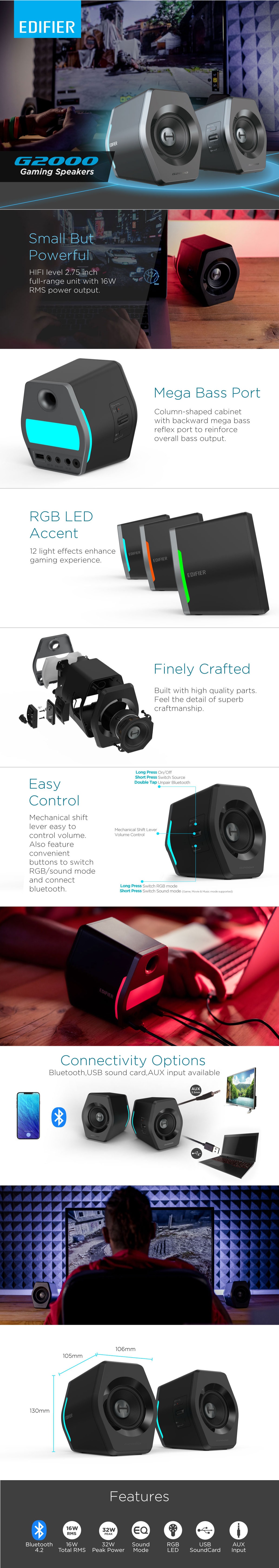 A large marketing image providing additional information about the product Edifier G2000 2.0 Bluetooth Gaming Speakers - White - Additional alt info not provided