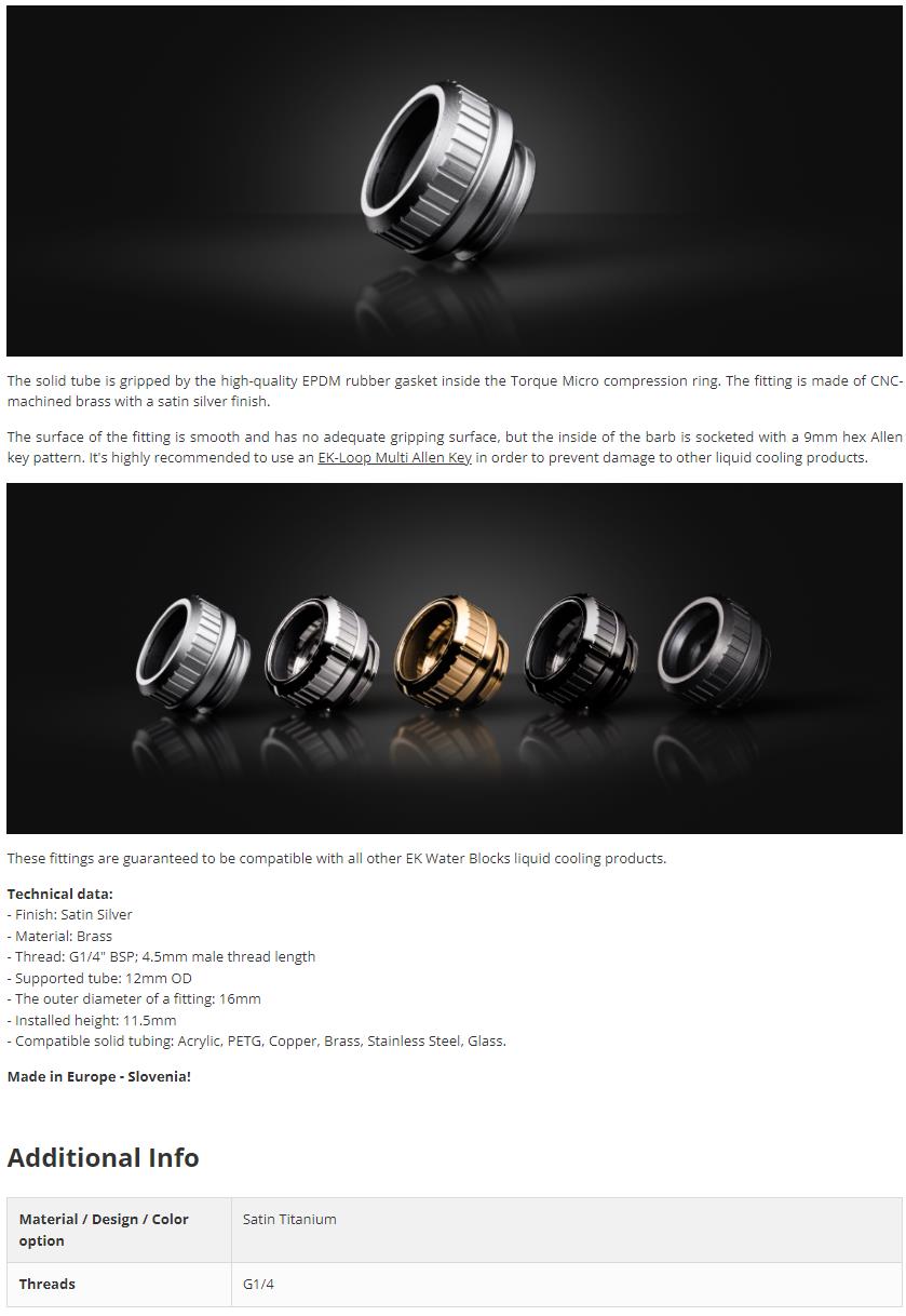 A large marketing image providing additional information about the product EK Quantum Torque Micro HDC 12 - Satin Titanium - Additional alt info not provided
