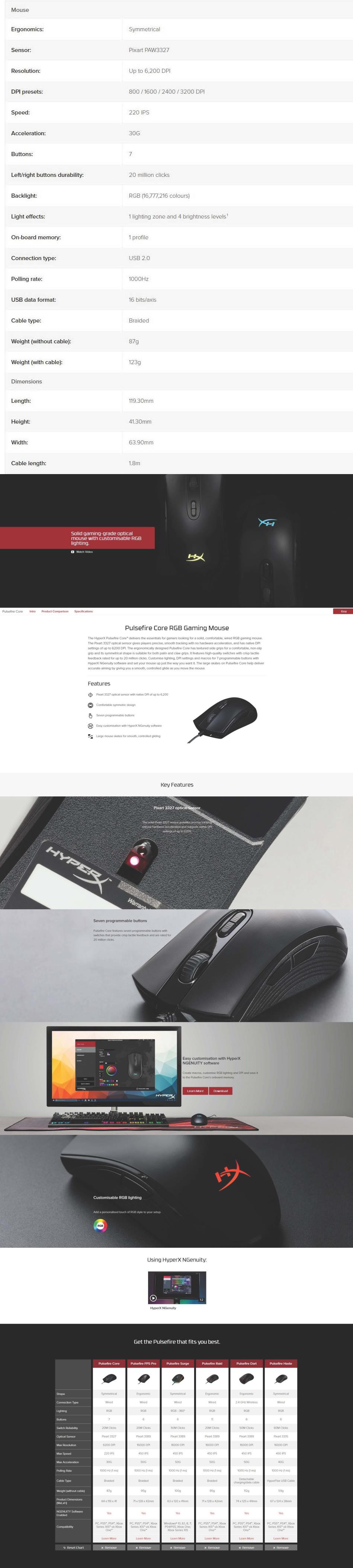 A large marketing image providing additional information about the product HyperX Pulsefire Core - Wired Gaming Mouse (Black) - Additional alt info not provided