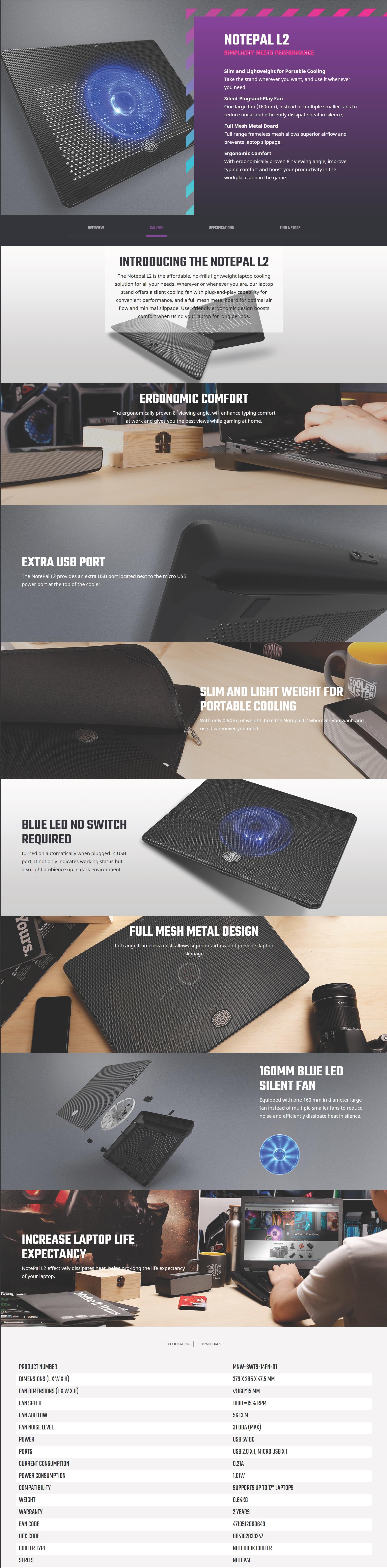 A large marketing image providing additional information about the product Cooler Master Notepal L2 Notebook Cooling Pad - Additional alt info not provided