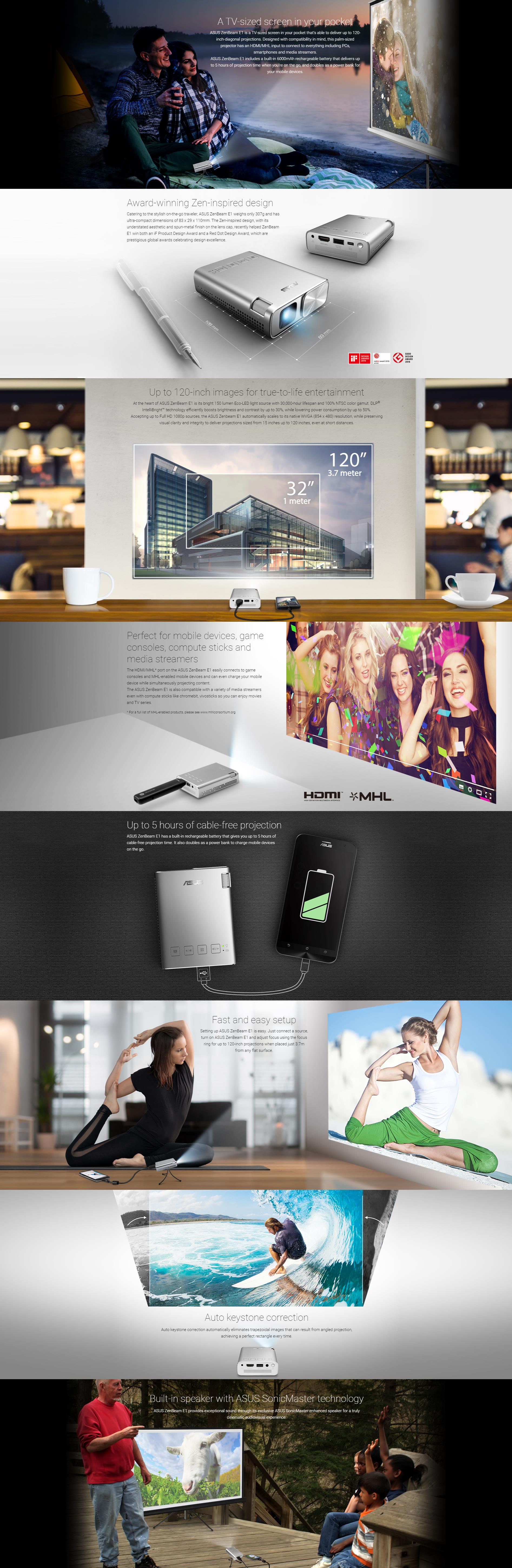 A large marketing image providing additional information about the product Asus Zenbeam E1 Pocket LED Projector - Additional alt info not provided