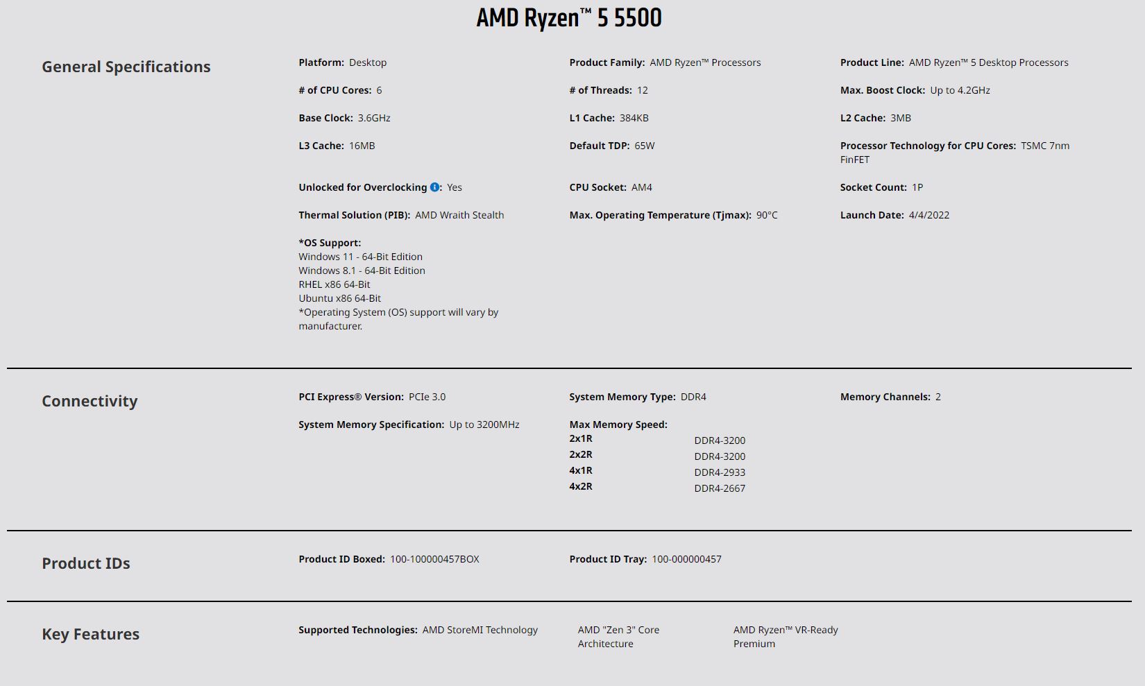 AMD Ryzen 5 5500 6 Core 12 Thread Up To 4.2Ghz AM4 - With Wraith