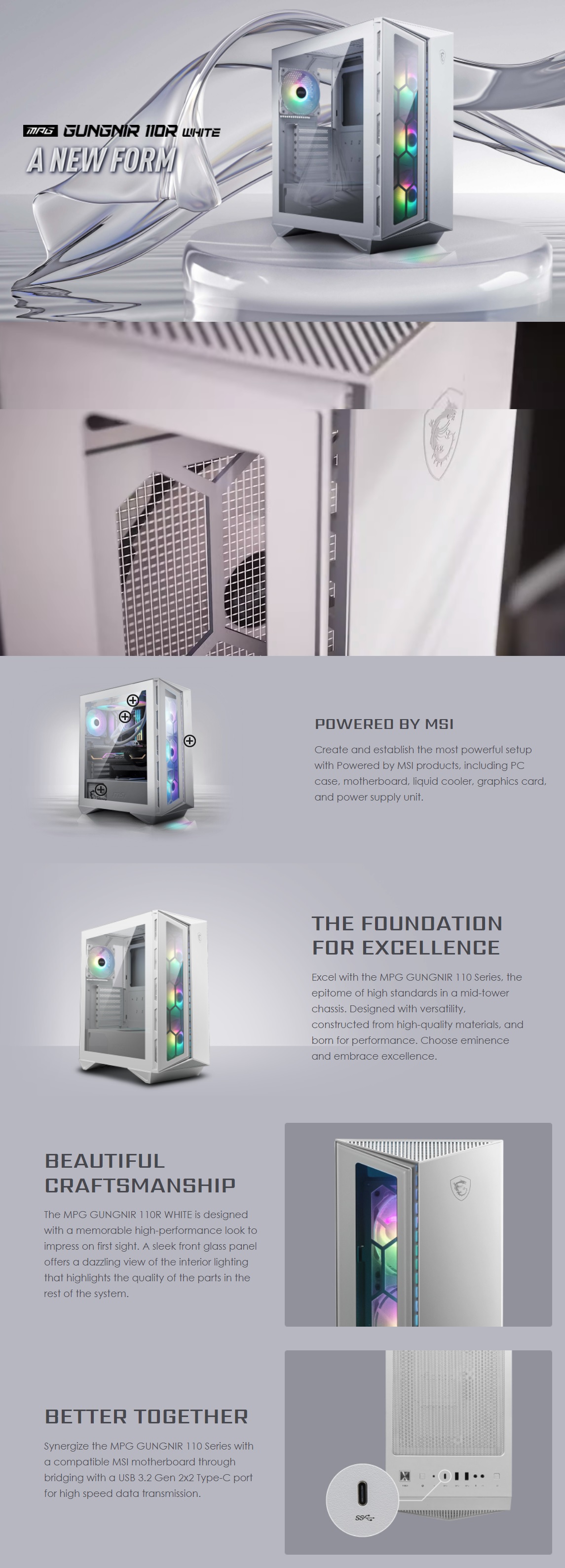 A large marketing image providing additional information about the product MSI MPG Gungnir 110R Mid Tower Case - White - Additional alt info not provided