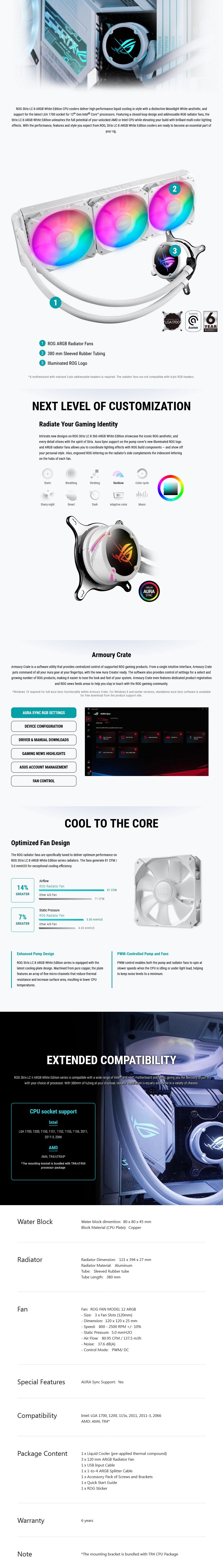 A large marketing image providing additional information about the product ASUS ROG Strix LC II 360 ARGB 360mm AIO CPU Cooler - White - Additional alt info not provided