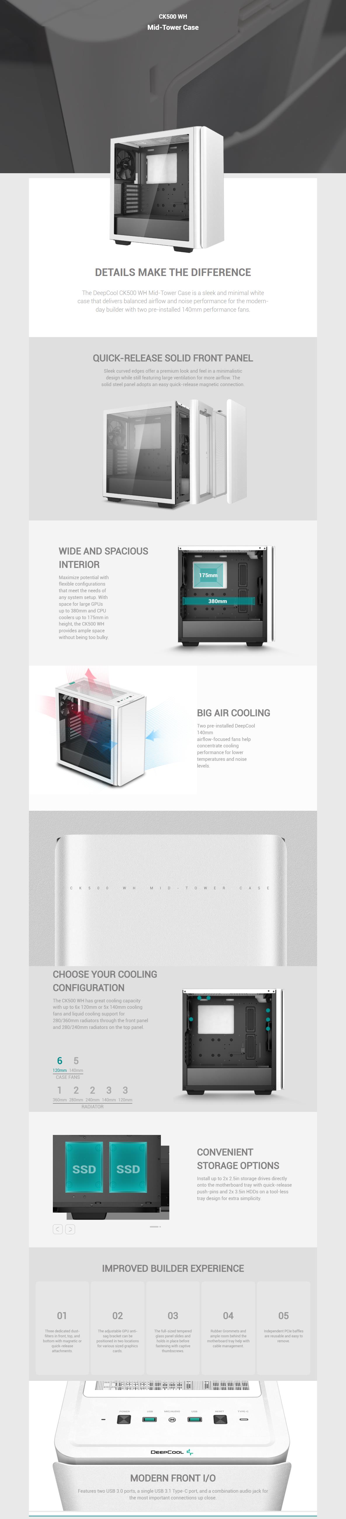 A large marketing image providing additional information about the product DeepCool CK500 Mid Tower Case - White - Additional alt info not provided