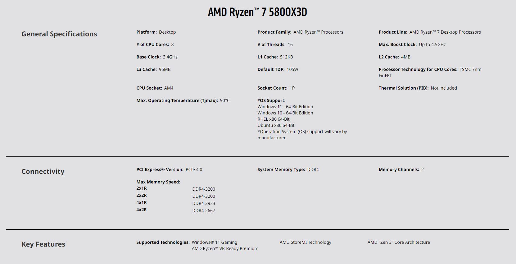 AMD Ryzen 7 5800X3D R7 5800X3D 3.4 GHz 8-Core 16-Thread CPU