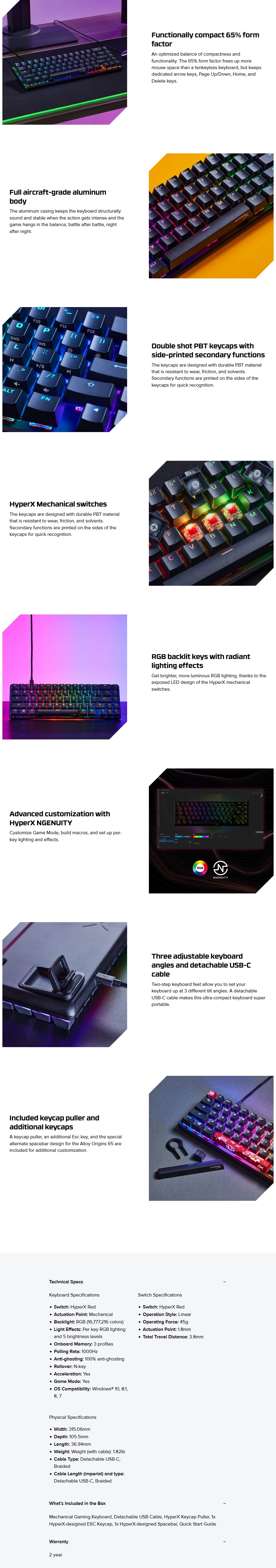 A large marketing image providing additional information about the product HyperX Alloy Origins RGB 65 - Compact Mechanical Keyboard (HyperX Red Switch) - Additional alt info not provided