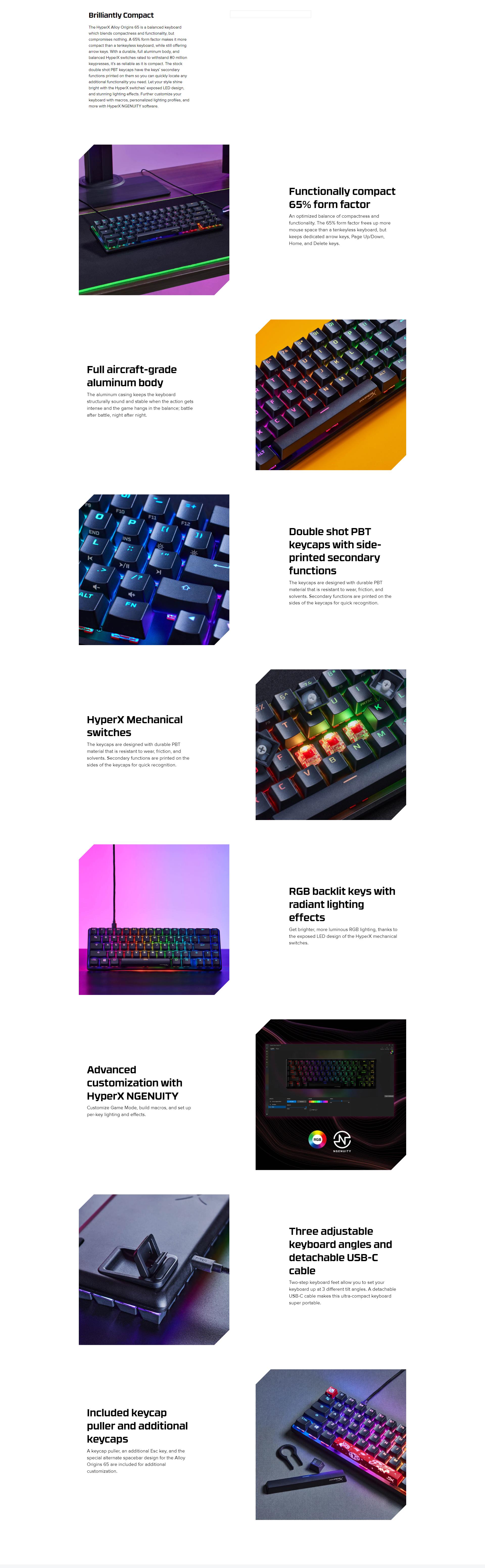 A large marketing image providing additional information about the product HyperX Alloy Origins RGB 65 - Compact Mechanical Keyboard (HyperX Red Switch) - Additional alt info not provided