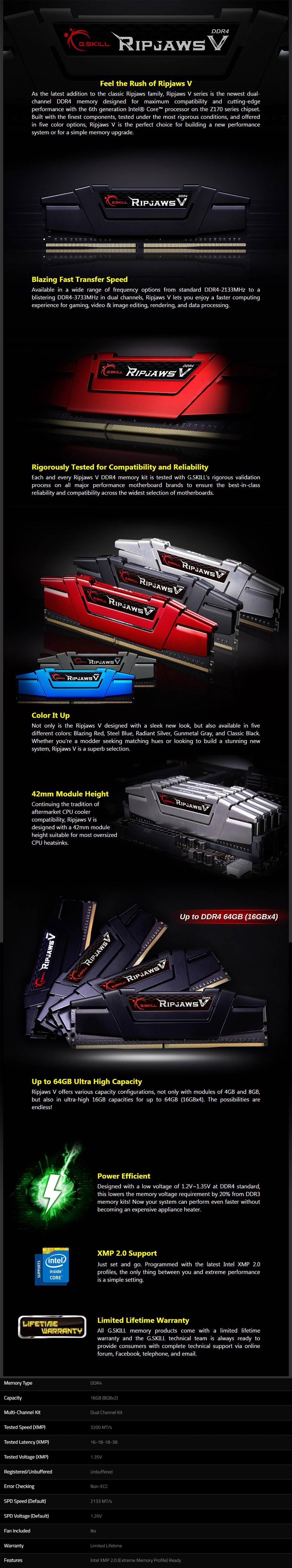 A large marketing image providing additional information about the product G.Skill 16GB Kit (2x8GB) DDR4 Ripjaws V C16 3200MHz -  Black - Additional alt info not provided