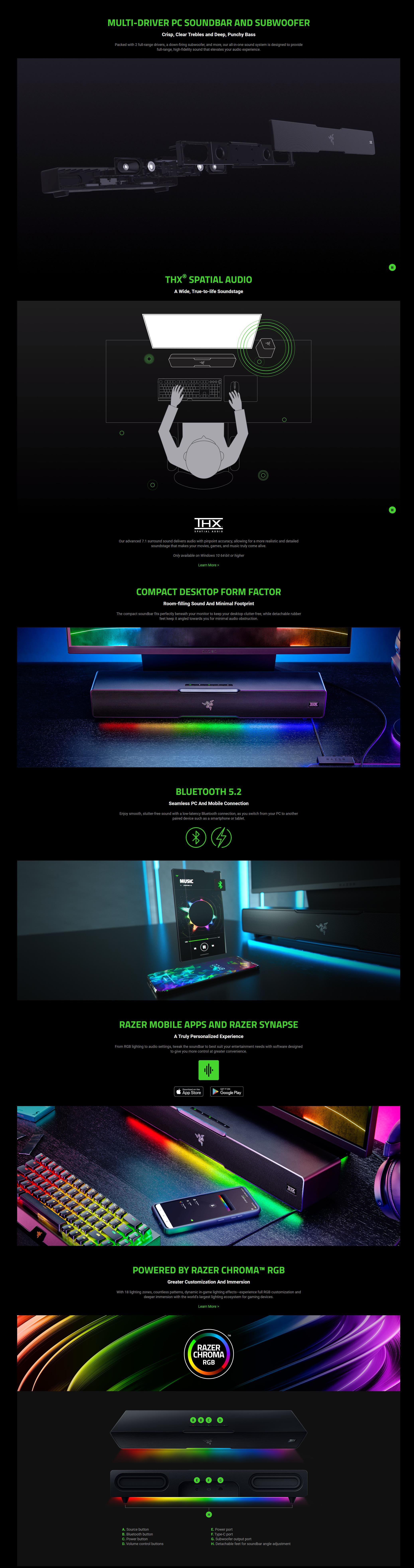 A large marketing image providing additional information about the product Razer Leviathan V2 Bluetooth Soundbar with Subwoofer - Additional alt info not provided