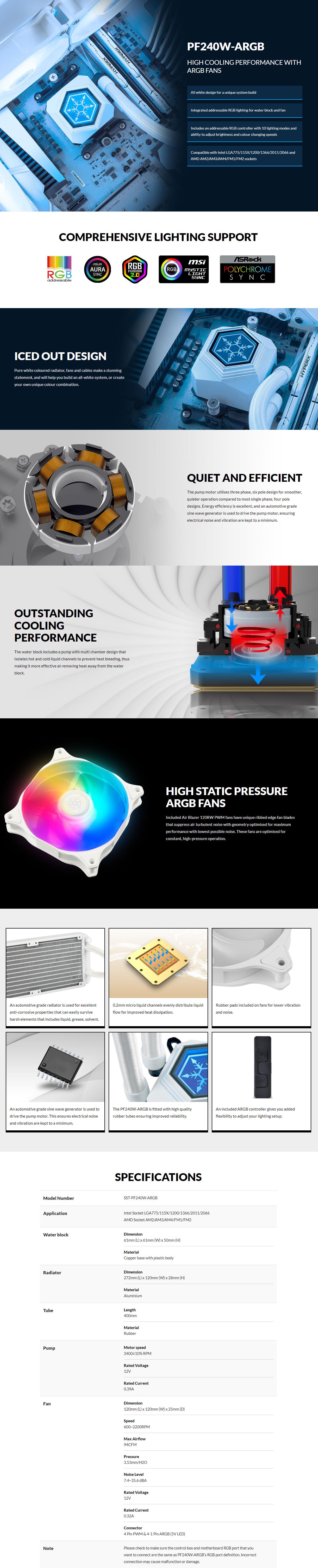 A large marketing image providing additional information about the product SilverStone Permafrost 240W ARGB Liquid CPU Cooler - White - Additional alt info not provided