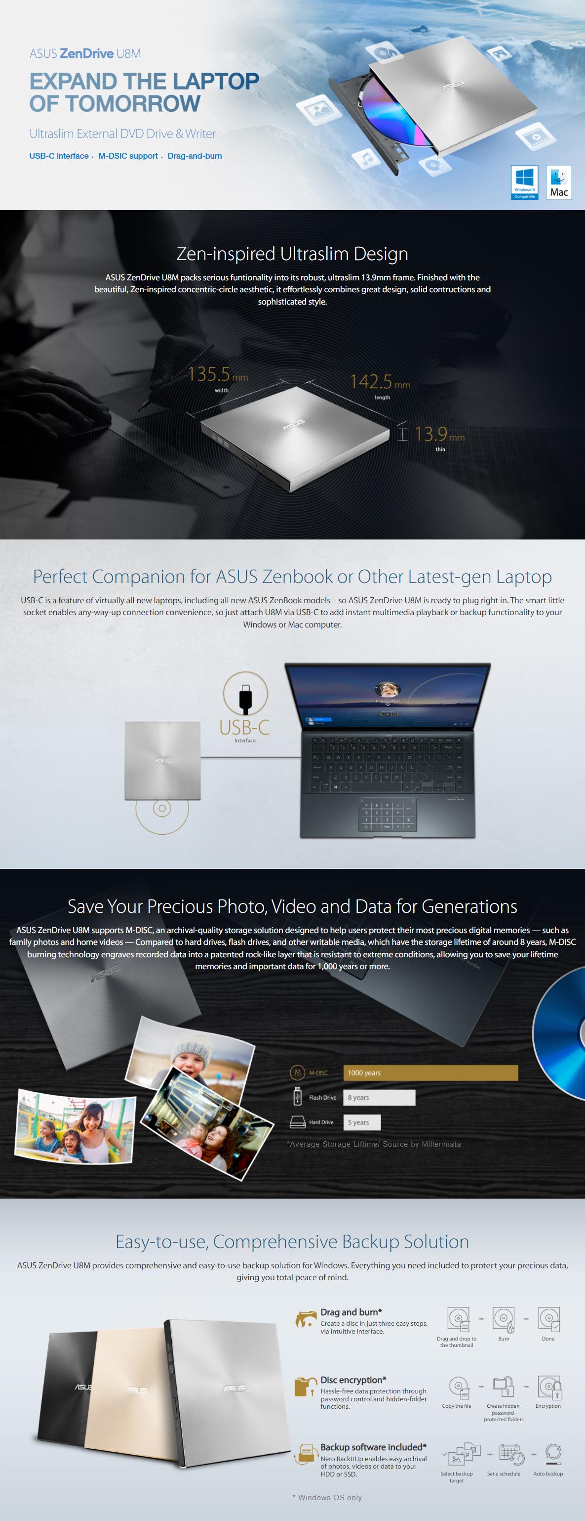 A large marketing image providing additional information about the product ASUS ZenDrive U8M External USB C DVD Writer - Additional alt info not provided