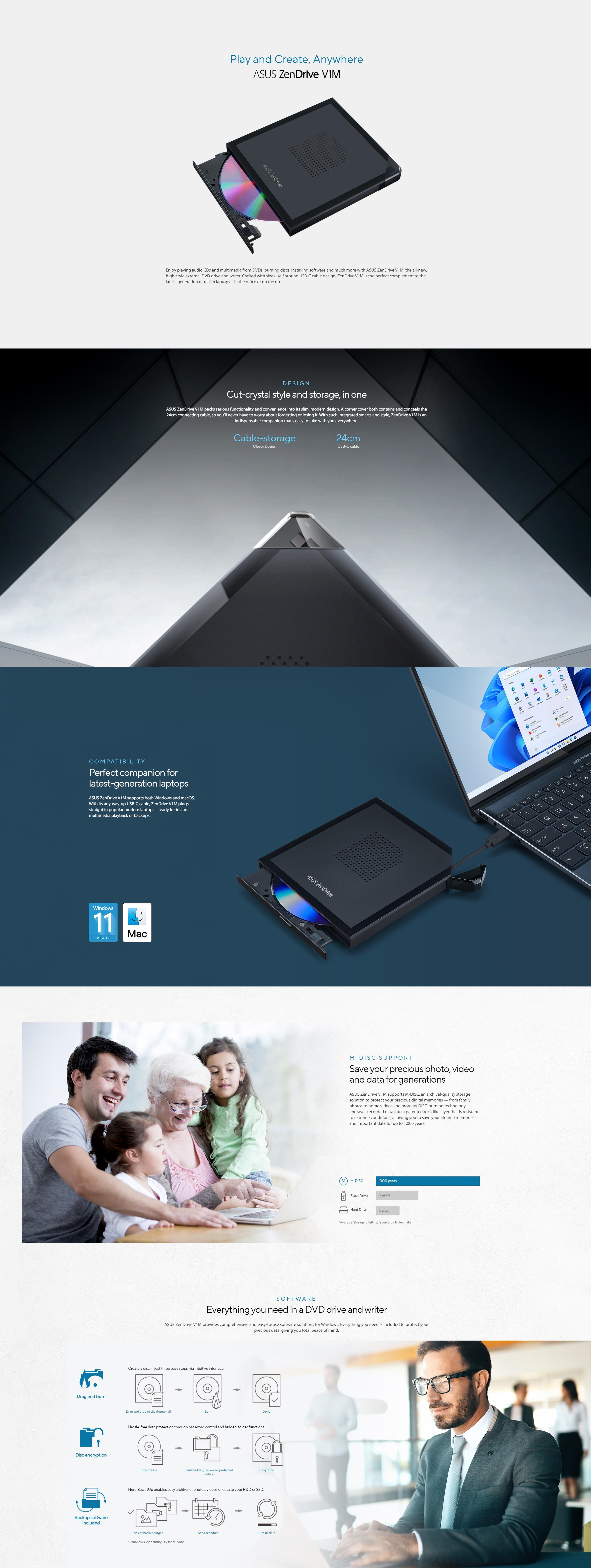 A large marketing image providing additional information about the product ASUS ZenDrive V1M External USB2.0 DVD Writer - Additional alt info not provided