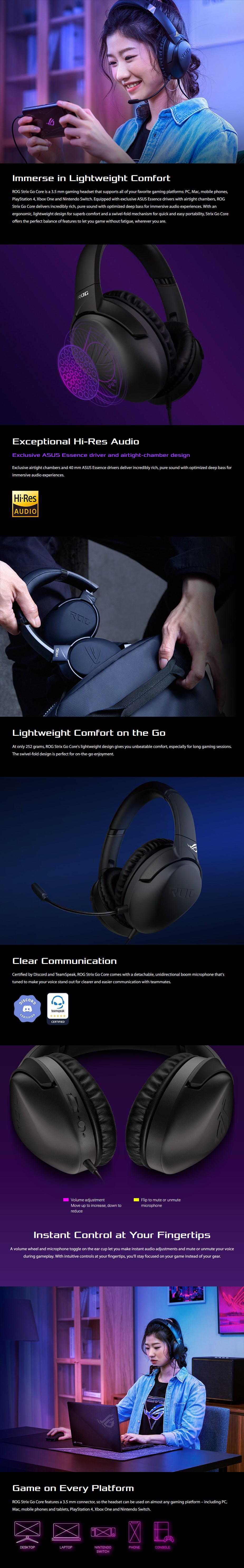 A large marketing image providing additional information about the product ASUS ROG STRIX GO CORE Multi-Platform Gaming Headset - Additional alt info not provided
