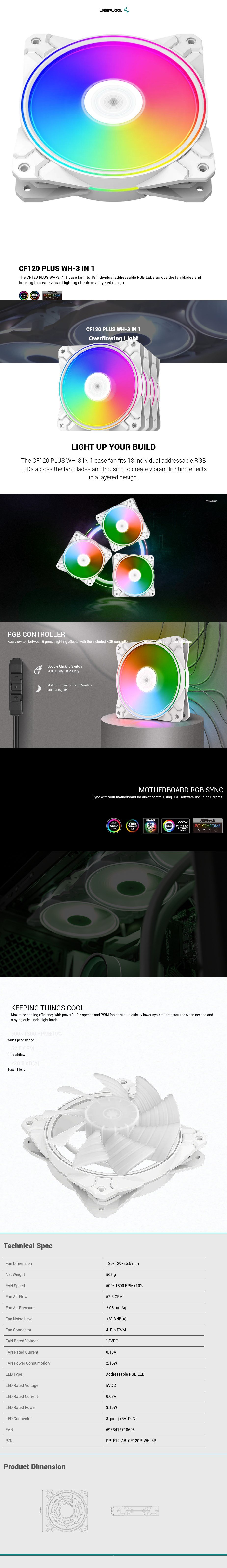 A large marketing image providing additional information about the product DeepCool CF120 PLUS WH 3 in 1 120mm Case Fan Pack - White - Additional alt info not provided