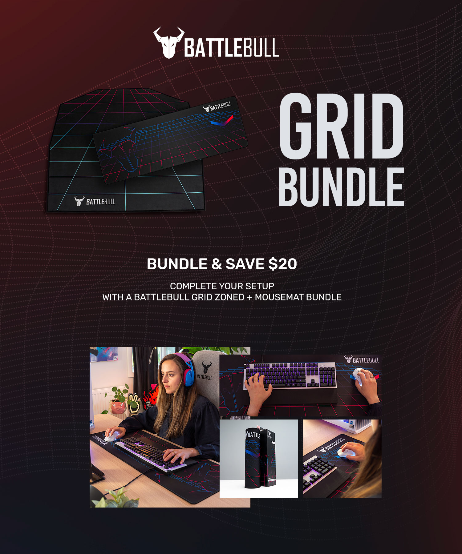A large marketing image providing additional information about the product Battlebull Grid Zoned + Mousemat Bundle - Additional alt info not provided