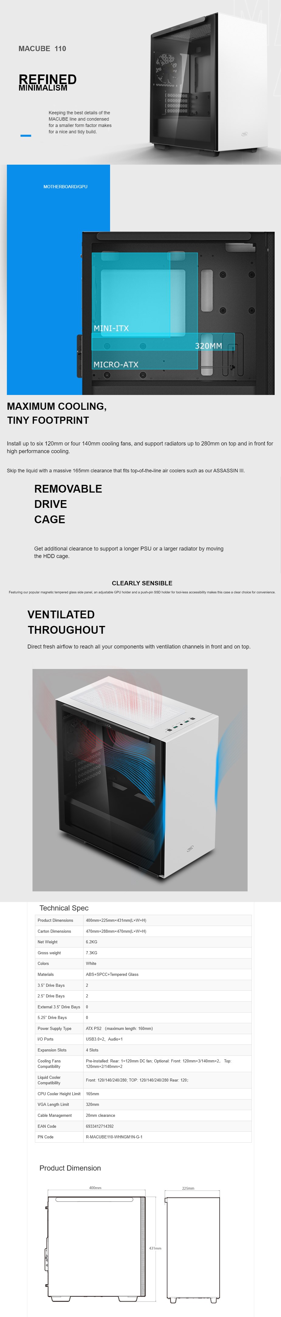 A large marketing image providing additional information about the product DeepCool Macube 110 Micro Tower Case - White - Additional alt info not provided