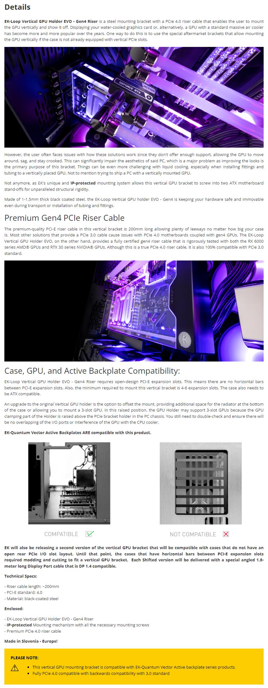 A large marketing image providing additional information about the product EK-Loop Vertical GPU Holder EVO - Gen4 Riser - Additional alt info not provided