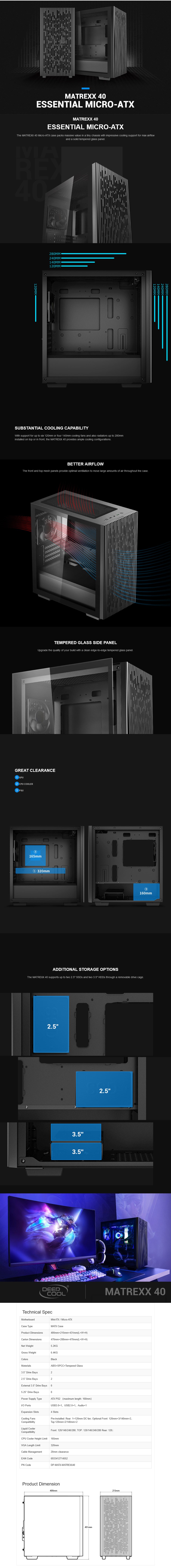 A large marketing image providing additional information about the product DeepCool Matrexx 40 Micro Tower Case - Black - Additional alt info not provided