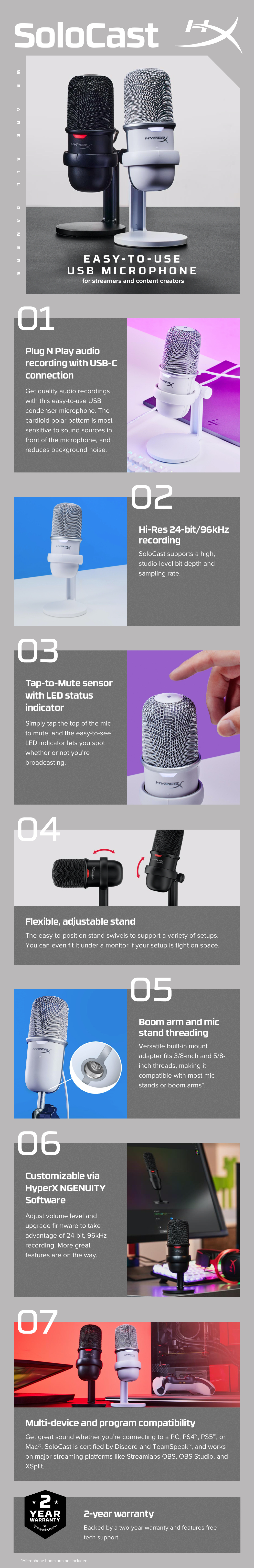 A large marketing image providing additional information about the product HyperX SoloCast - USB Condenser Microphone (White) - Additional alt info not provided