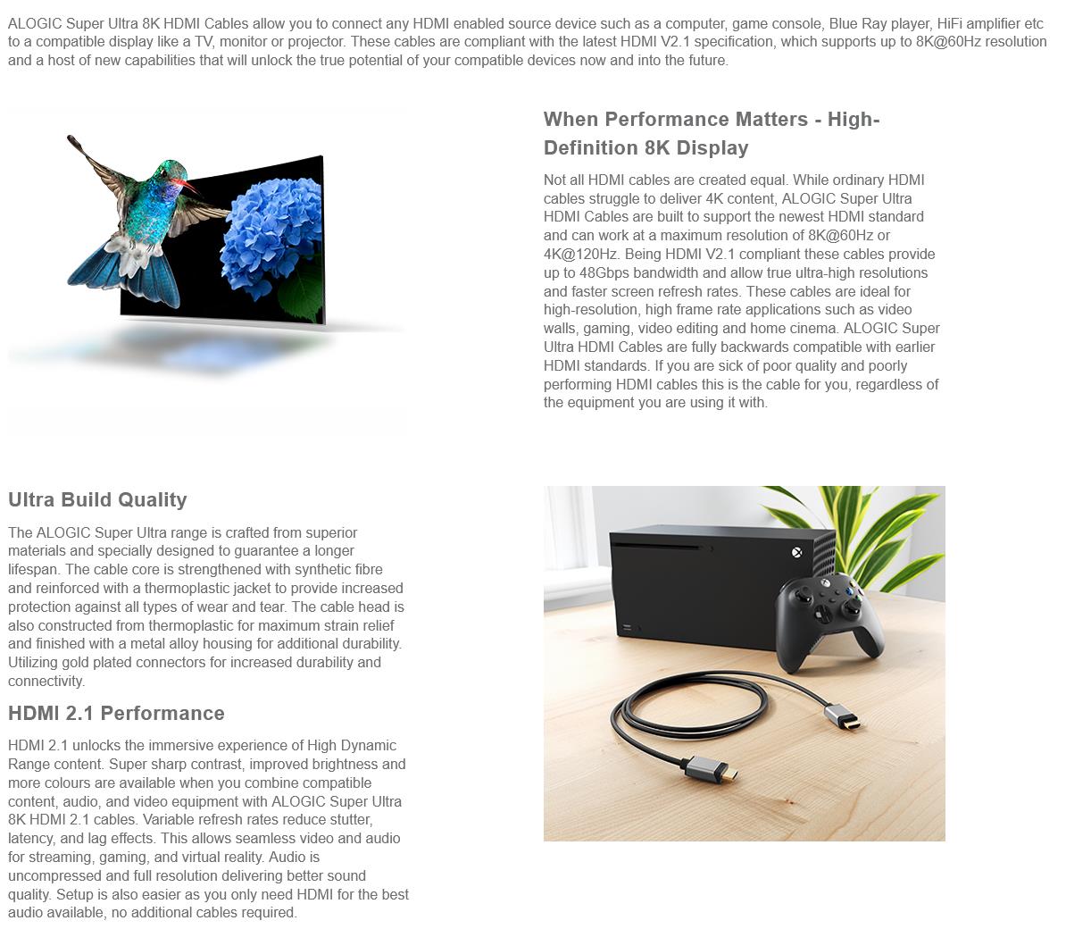 A large marketing image providing additional information about the product ALOGIC Super Ultra 8K HDMI to HDMI 2.1 Cable – Space Grey - 3m - Additional alt info not provided