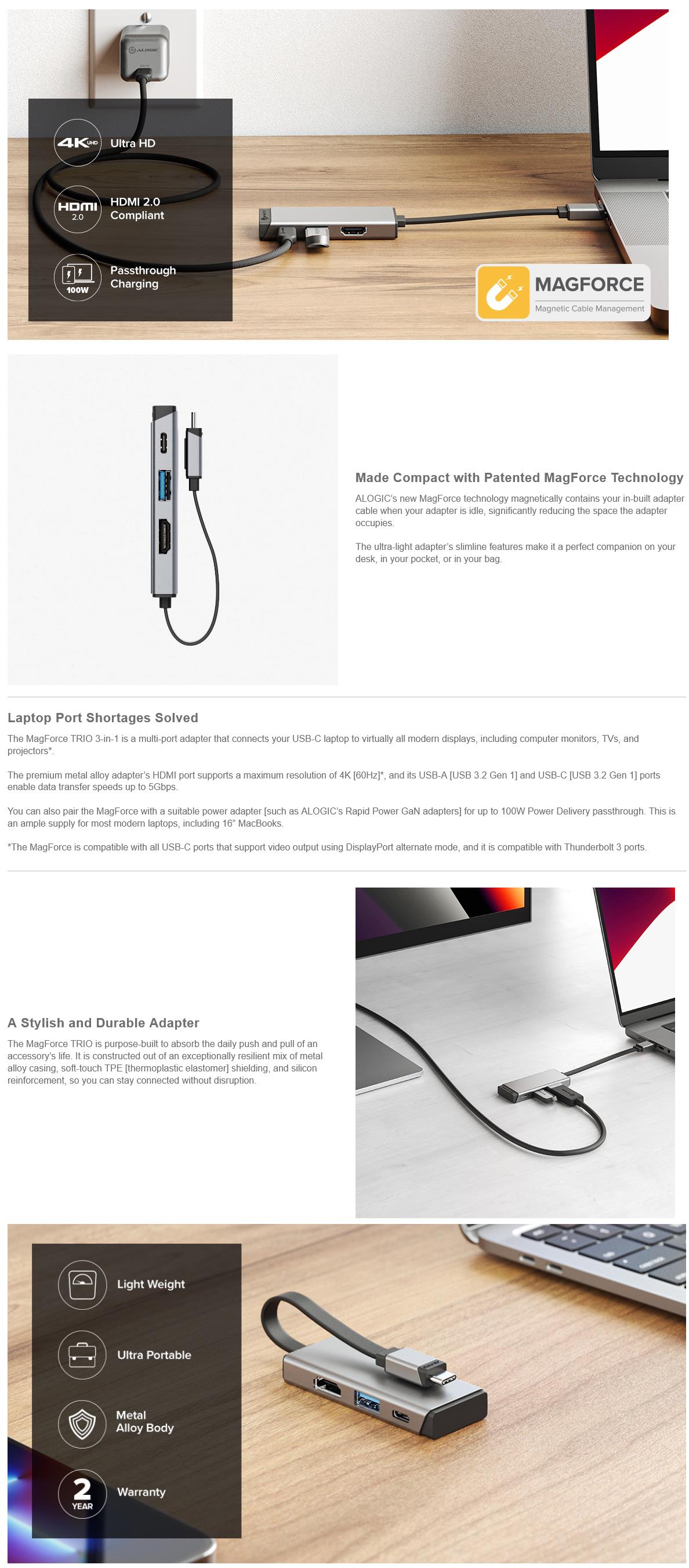 A large marketing image providing additional information about the product ALOGIC Magforce Trio 4k USB-C HDMI Hub with 100w Passthrough - Additional alt info not provided