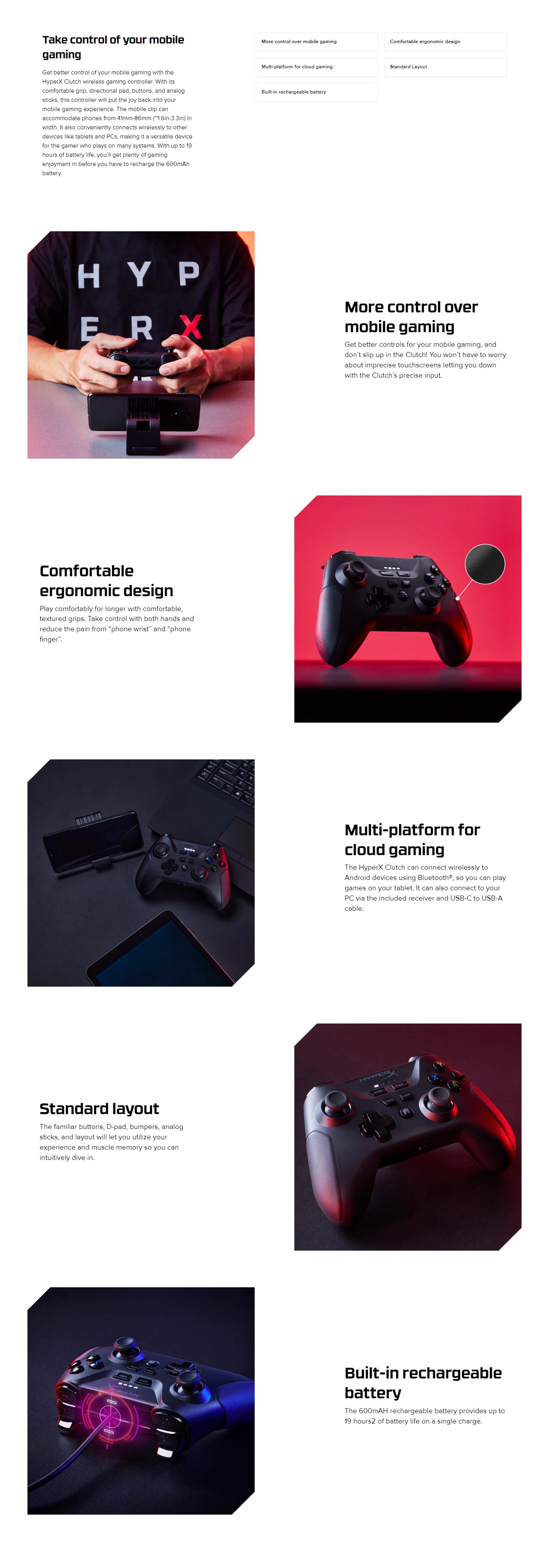 A large marketing image providing additional information about the product HyperX Clutch Wireless - Gaming Controller for Mobile & PC - Additional alt info not provided