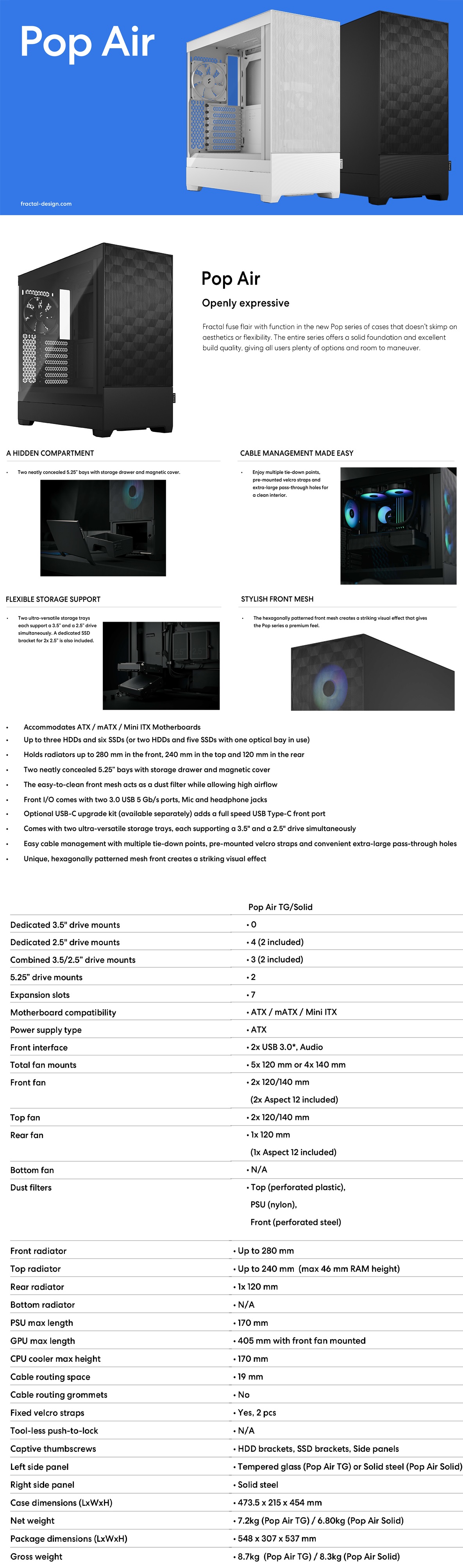 A large marketing image providing additional information about the product Fractal Design Pop Air TG Clear Tint Mid Tower Case - Black - Additional alt info not provided