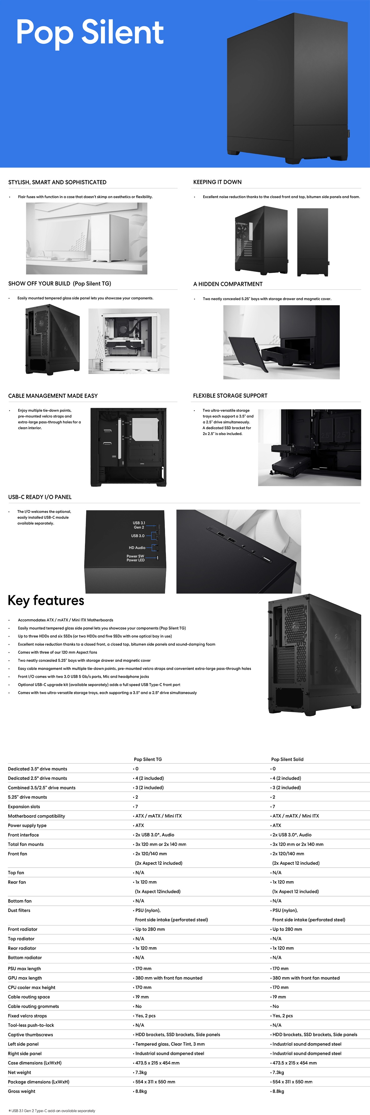 A large marketing image providing additional information about the product Fractal Design Pop Silent TG Clear Tint Mid Tower Case - White - Additional alt info not provided