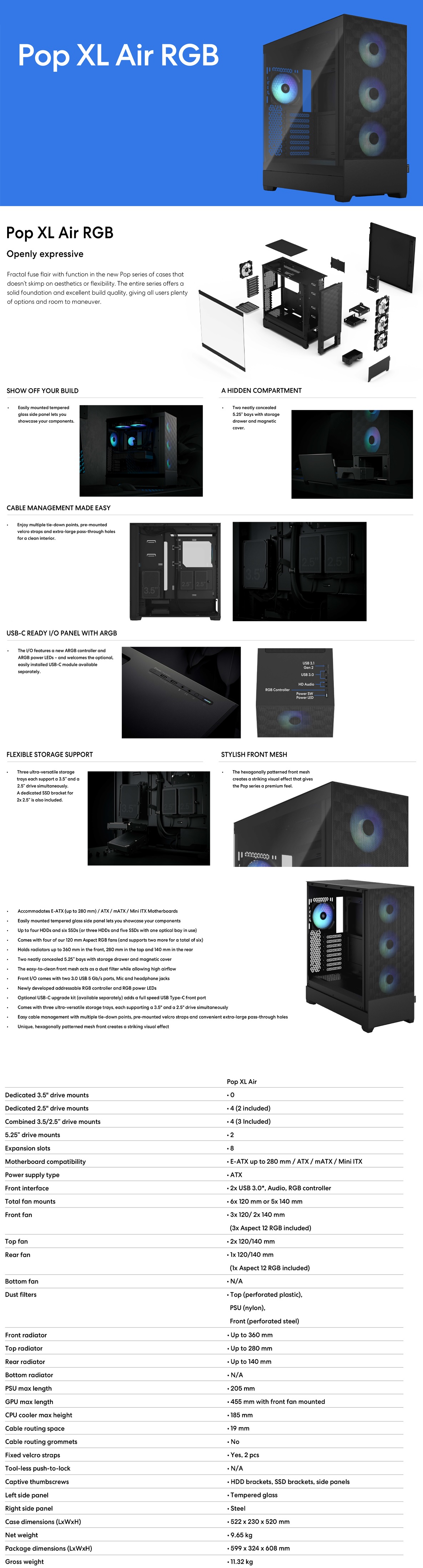 A large marketing image providing additional information about the product Fractal Design Pop XL Air RGB TG Clear Tint Full Tower Case - Black - Additional alt info not provided