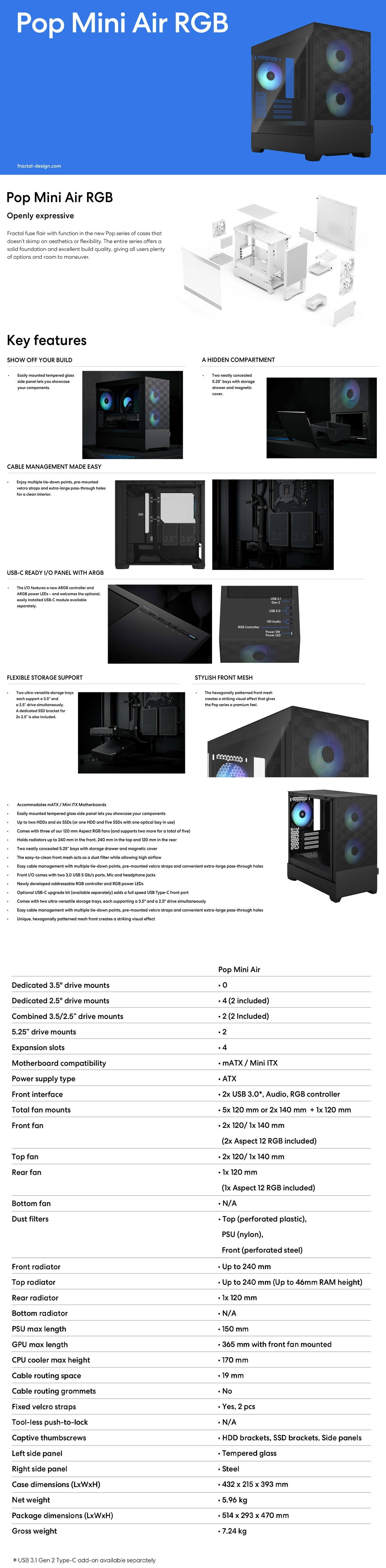 A large marketing image providing additional information about the product Fractal Design Pop Mini Air RGB TG Clear Tint Micro Tower Case - Black - Additional alt info not provided