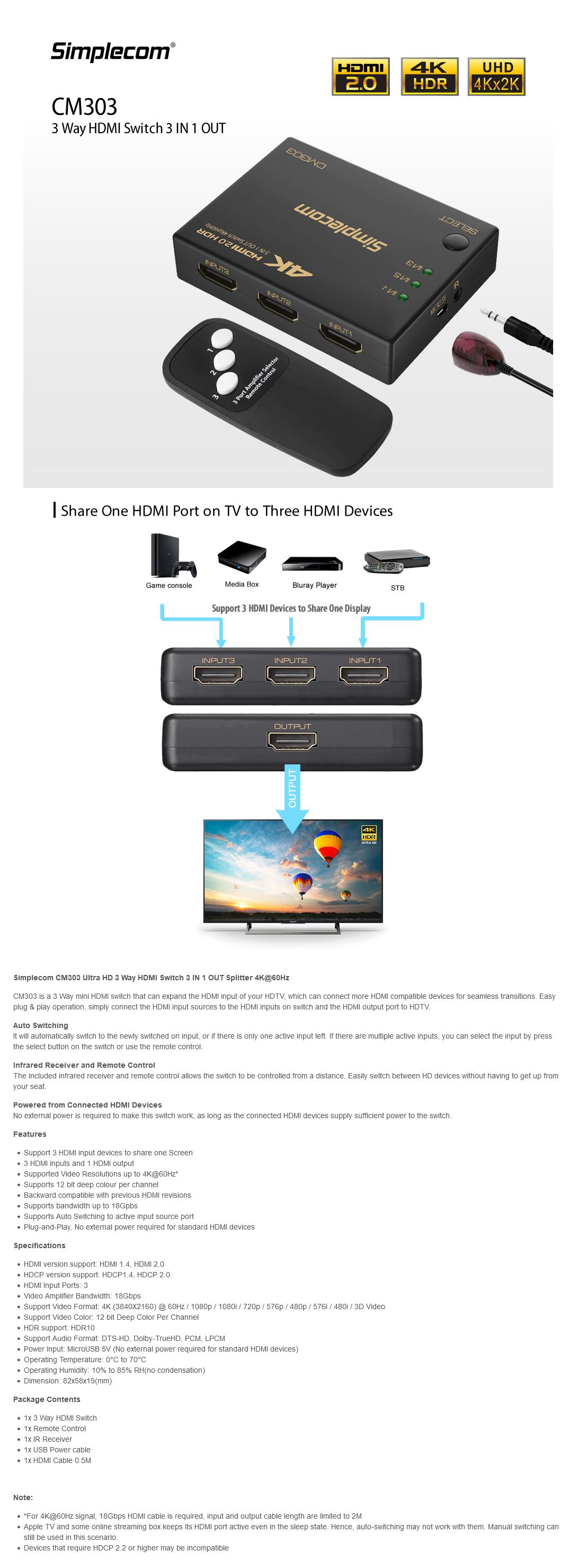 A large marketing image providing additional information about the product Simplecom CM303 3 Way HDMI 2.0 Switch 3 In 1 Out Splitter HDCP 2.0 4K 60Hz HDR - Additional alt info not provided