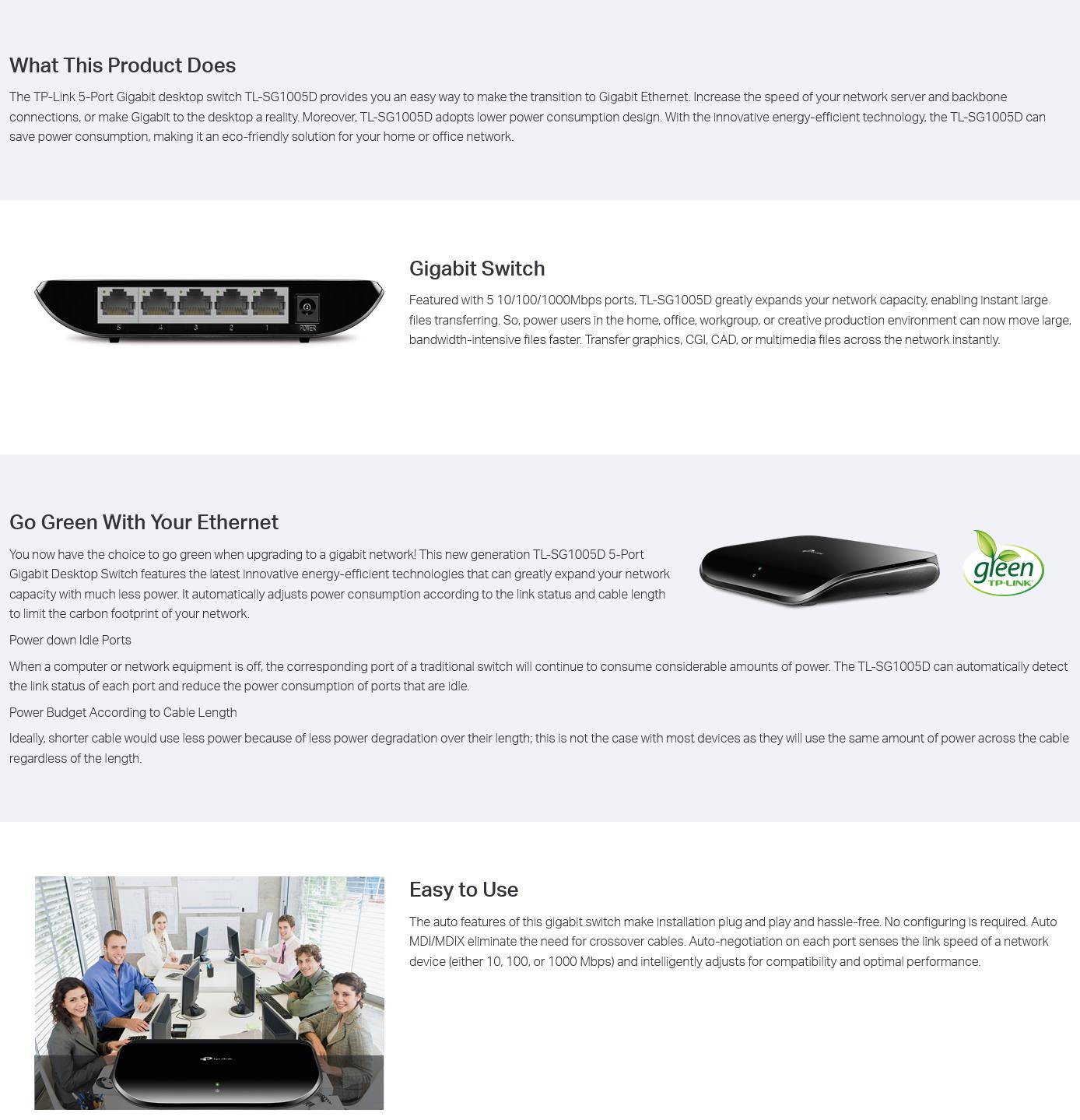 A large marketing image providing additional information about the product TP-Link SG1005D - 5-Port Gigabit Desktop Switch - Additional alt info not provided