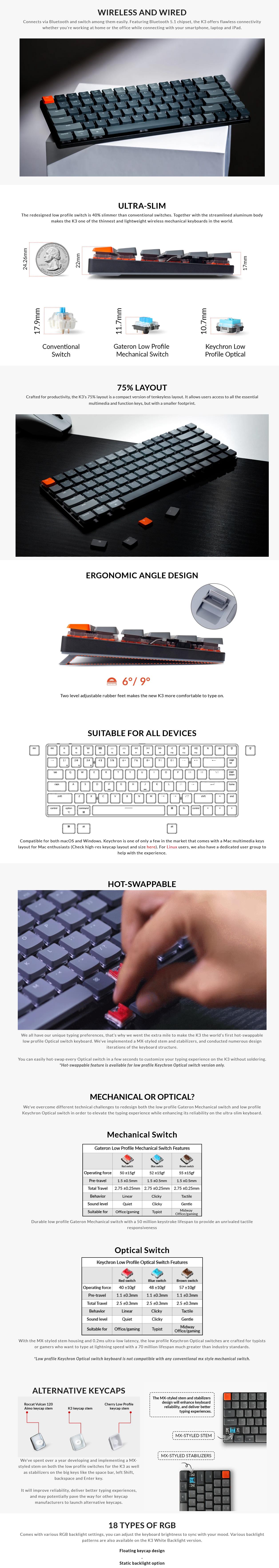 A large marketing image providing additional information about the product Keychron K3v2 Slim RGB Wireless Hot-Swappable Mechanical Keyboard (Optical Brown Switch) - Additional alt info not provided
