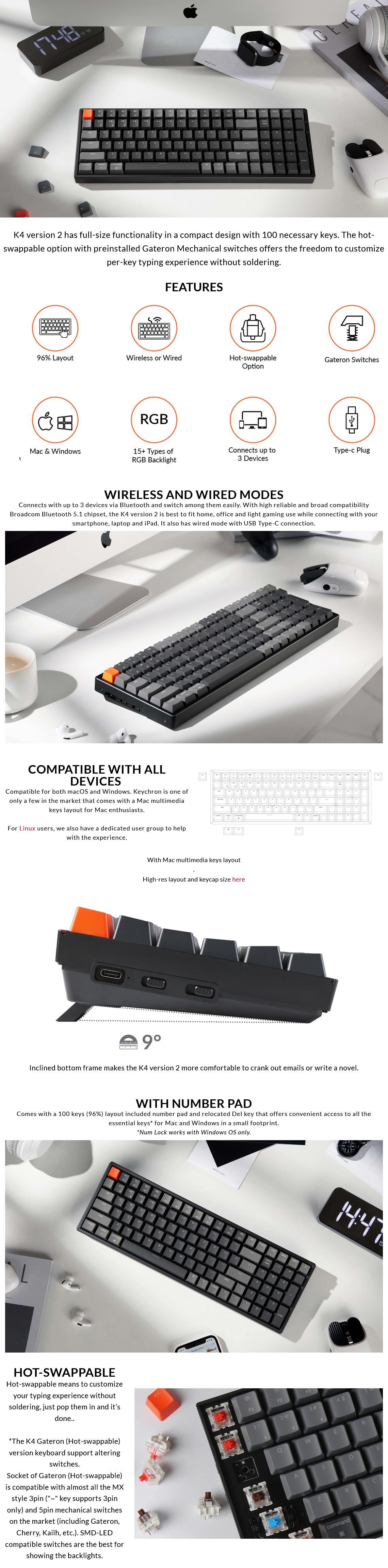 A large marketing image providing additional information about the product Keychron K4v2 Compact RGB Hot-Swappable Mechanical Keyboard for Mac & Windows (Brown Switch) - Additional alt info not provided