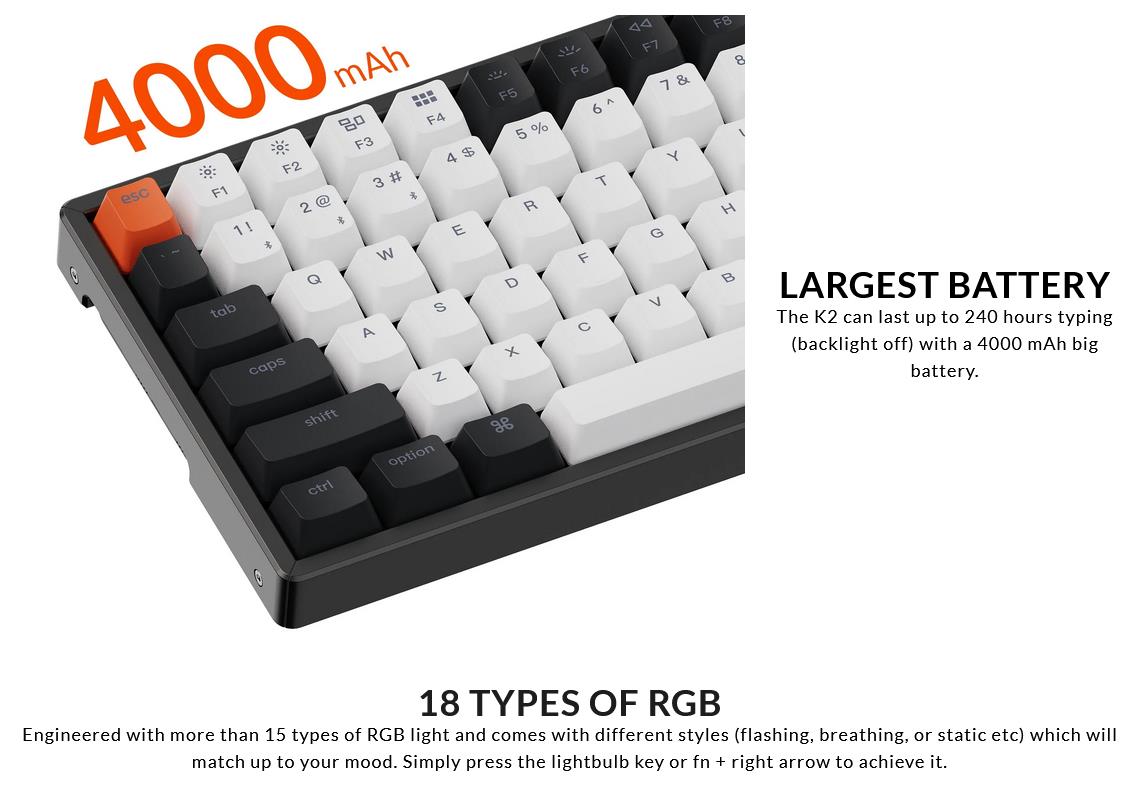 A large marketing image providing additional information about the product Keychron K2 V2 Compact RGB Wireless Mechanical Keyboard - Black (Brown Switch) - Additional alt info not provided