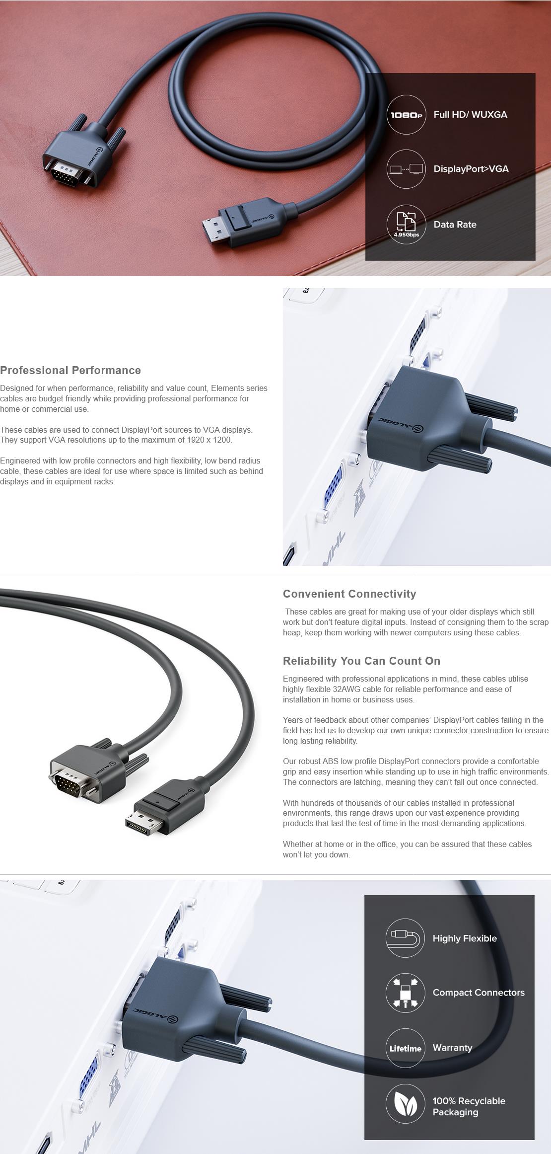 A large marketing image providing additional information about the product Alogic Display Port to VGA Cable - 2m - Additional alt info not provided