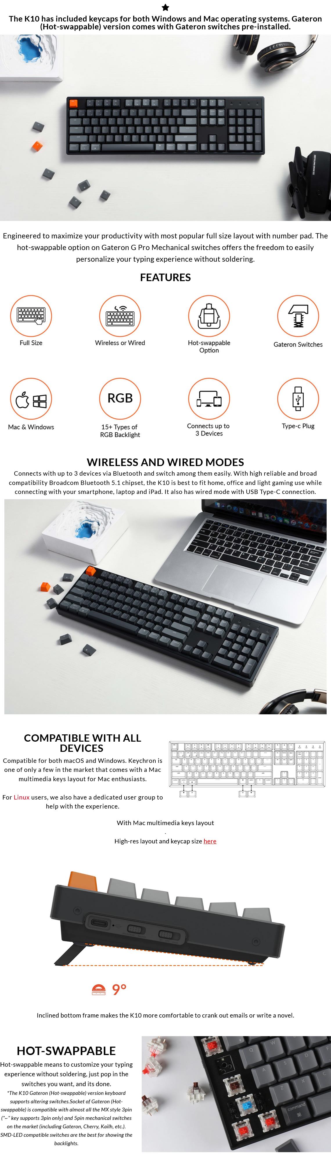 A large marketing image providing additional information about the product Keychron K10 RGB Wireless Mechanical Keyboard (Red Switch) - Additional alt info not provided