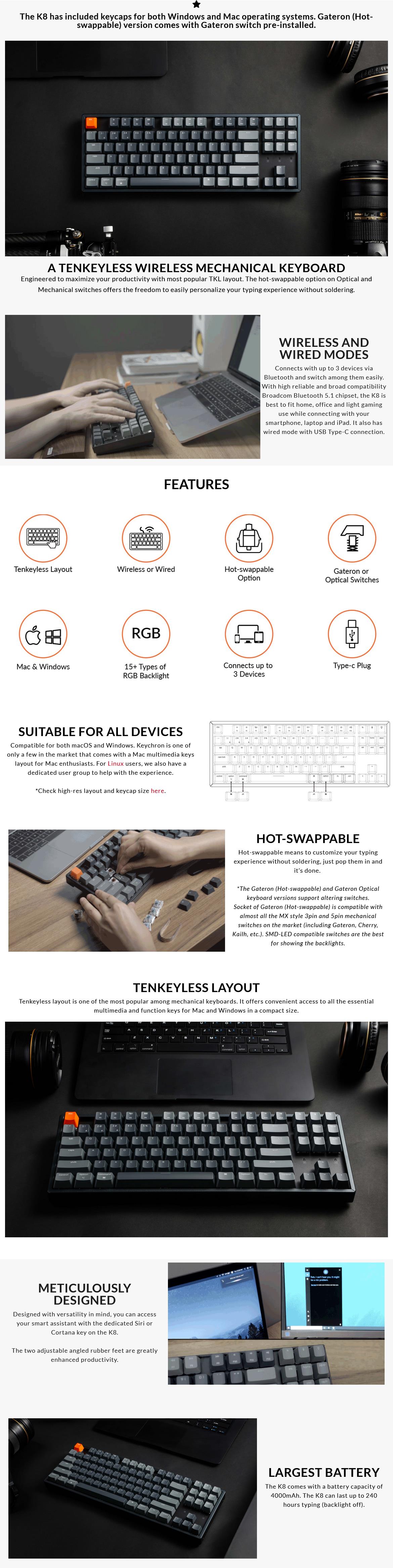 A large marketing image providing additional information about the product Keychron K8 TKL RGB Wireless Hot-swappable Mechanical Keyboard (Brown Switch) - Additional alt info not provided