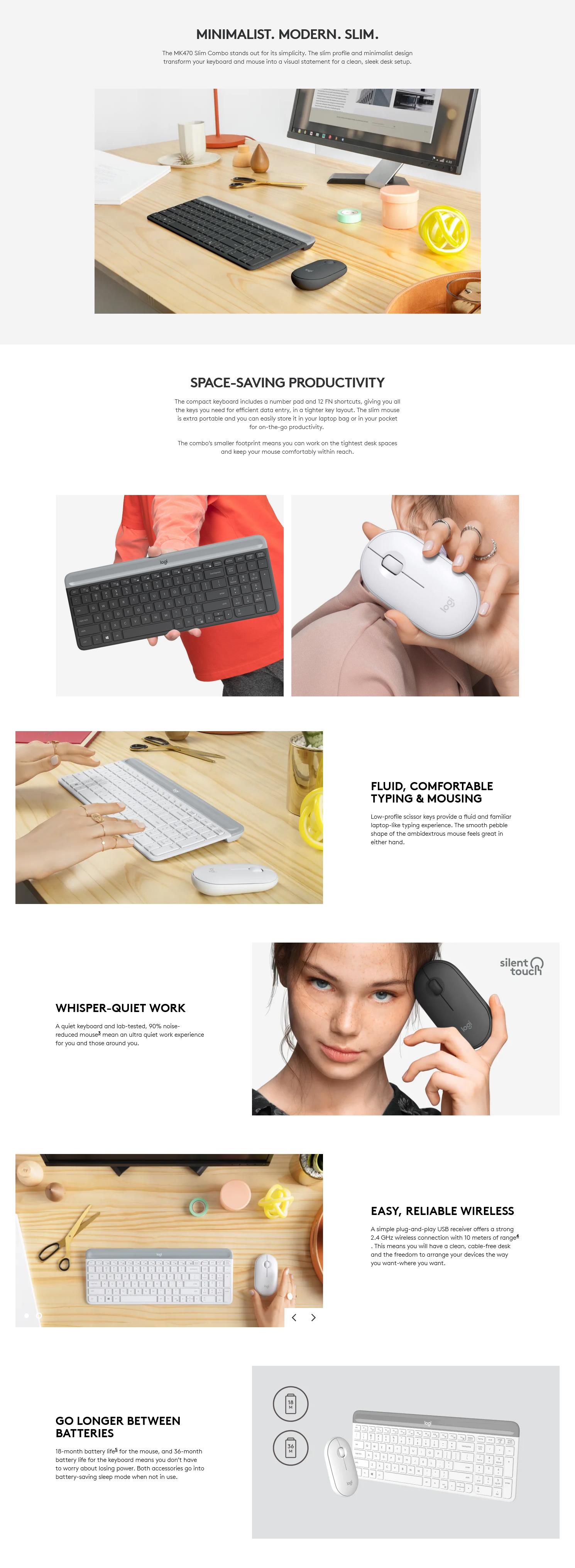 A large marketing image providing additional information about the product Logitech MK470 Slim Wireless Keyboard and Mouse - Off White - Additional alt info not provided