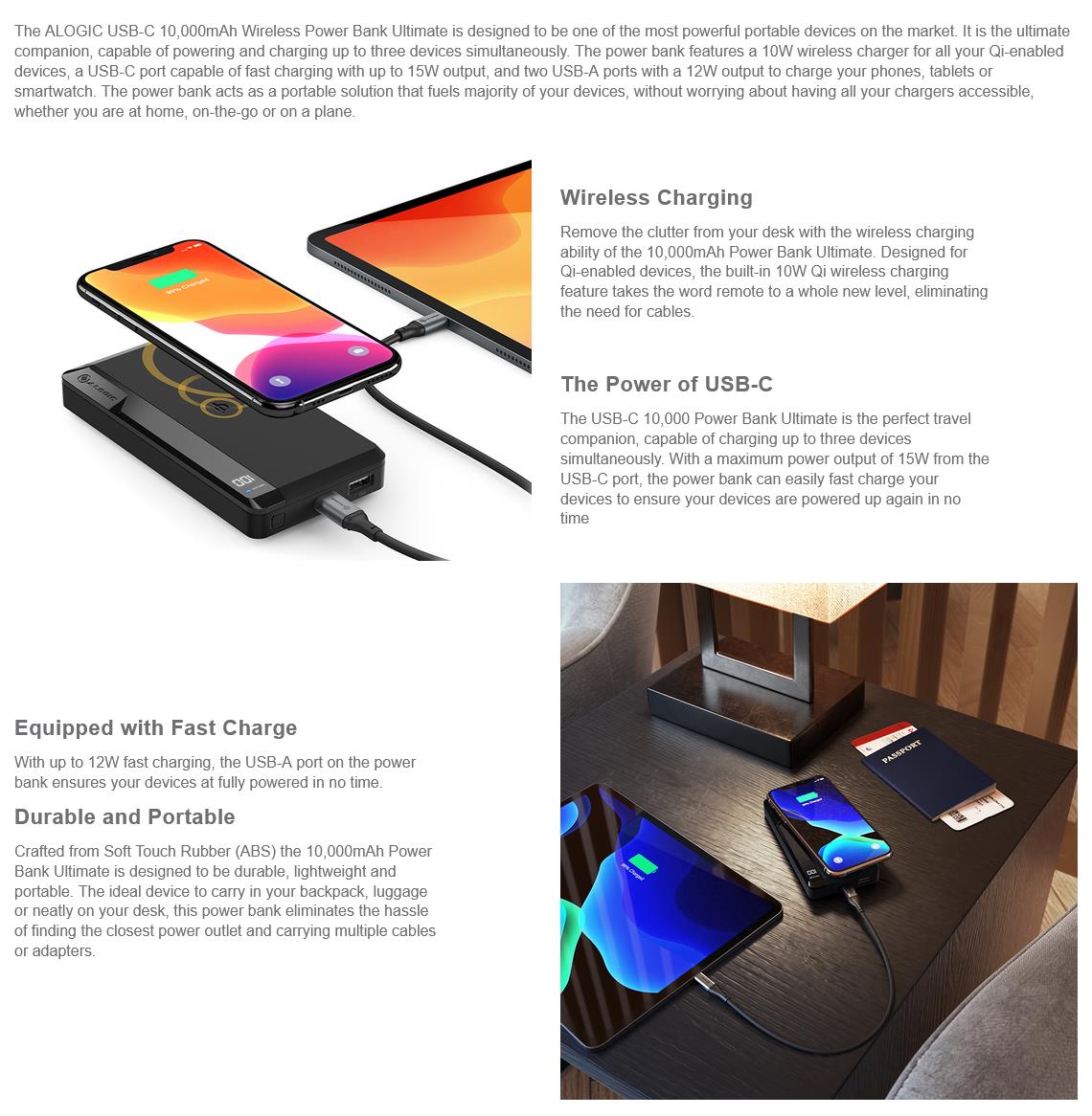 A large marketing image providing additional information about the product ALOGIC USB-C 10,000mAh Power Bank Ultimate - 18W Power Delivery and Wireless Charging - Black - Additional alt info not provided