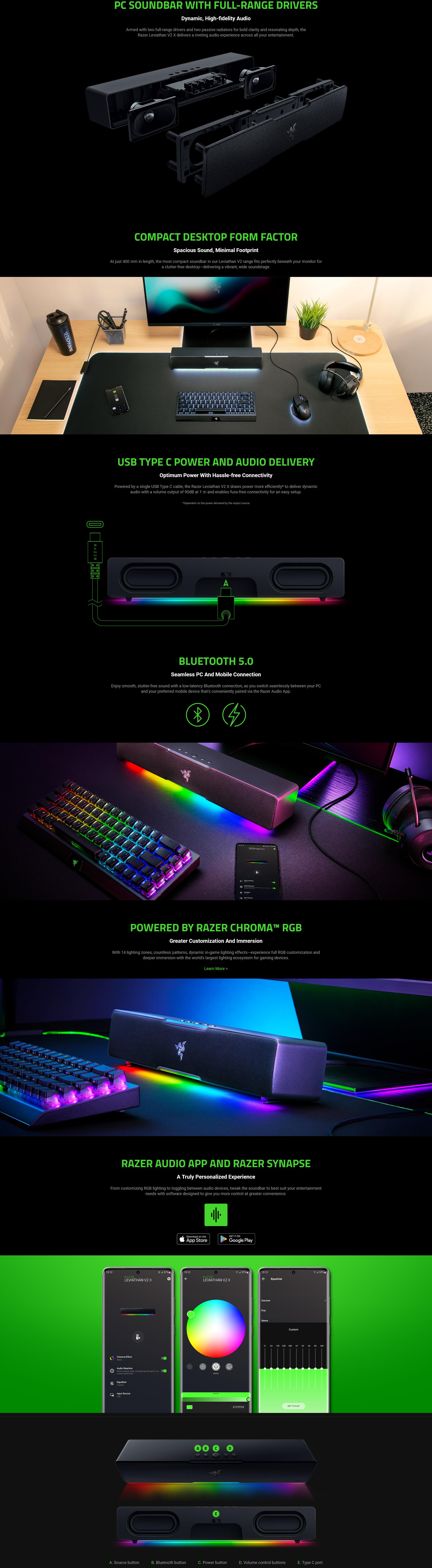 A large marketing image providing additional information about the product Razer Leviathan V2 X - Gaming Sound Bar for PC - Additional alt info not provided