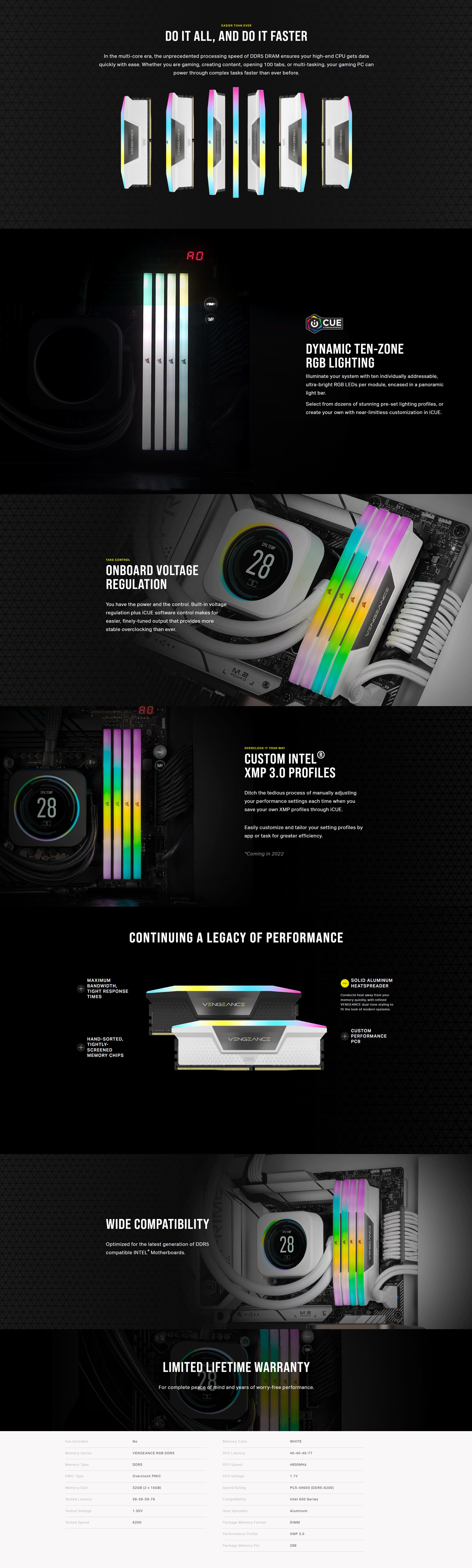 A large marketing image providing additional information about the product Corsair 32GB Kit (2x16GB) DDR5 Vengeance RGB C36 6200MT/s - Black - Additional alt info not provided