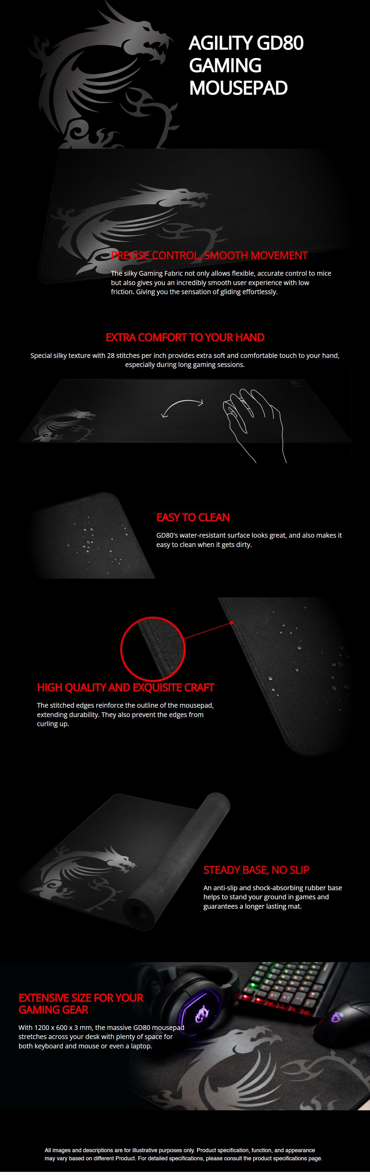 A large marketing image providing additional information about the product MSI Agility GD80 Mousemat - Additional alt info not provided