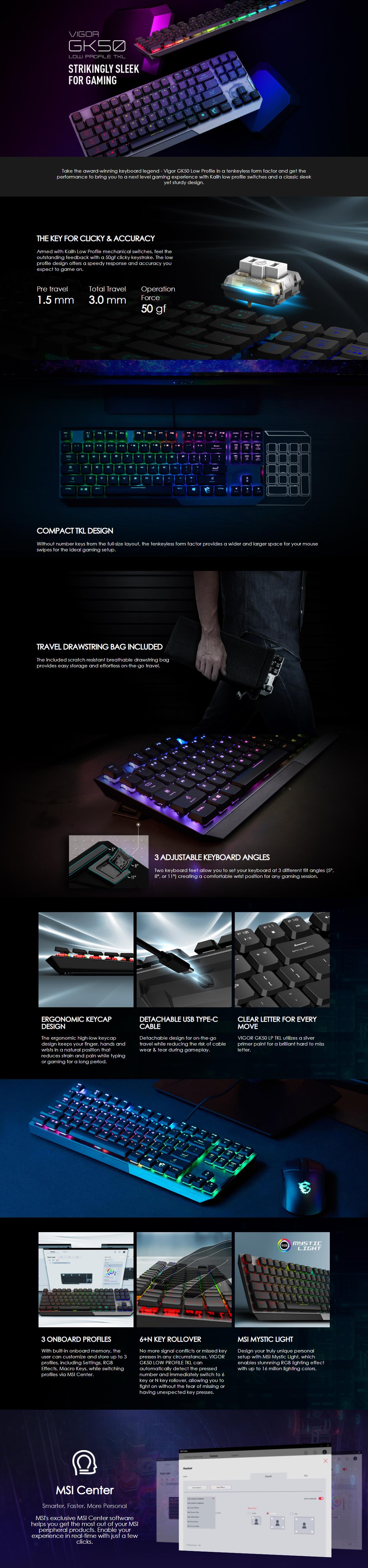 A large marketing image providing additional information about the product MSI Vigor GK50 Low Profile TKL RGB Gaming Keyboard - Additional alt info not provided