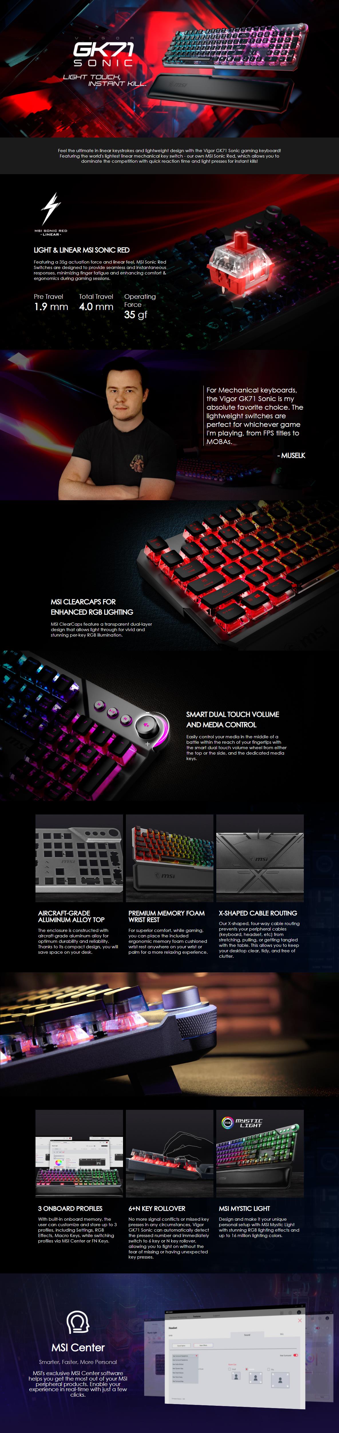 A large marketing image providing additional information about the product MSI Vigor GK71 Sonic RGB Mechanical Gaming Keyboard - Red Switch - Additional alt info not provided