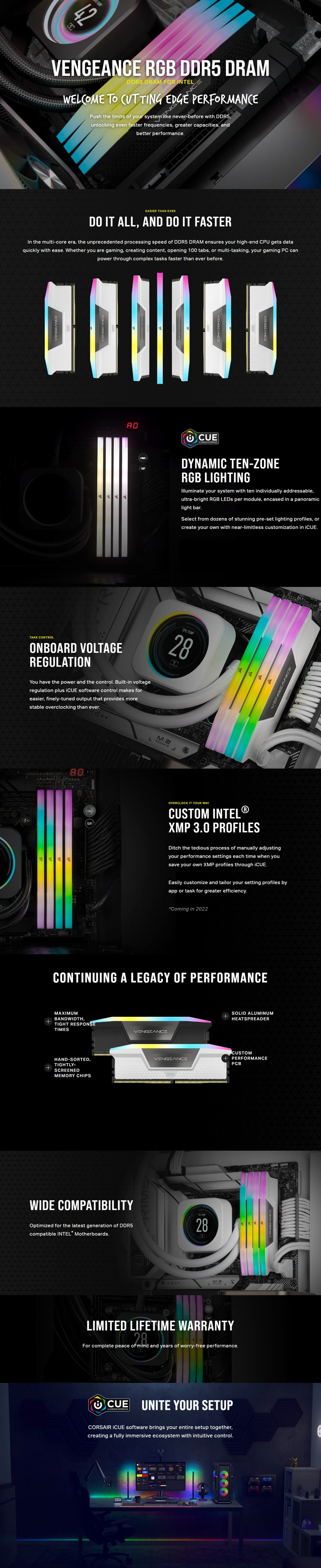 A large marketing image providing additional information about the product Corsair 32GB Kit (2x16GB) DDR5 Vengeance RGB C36 6000MT/s - White - Additional alt info not provided