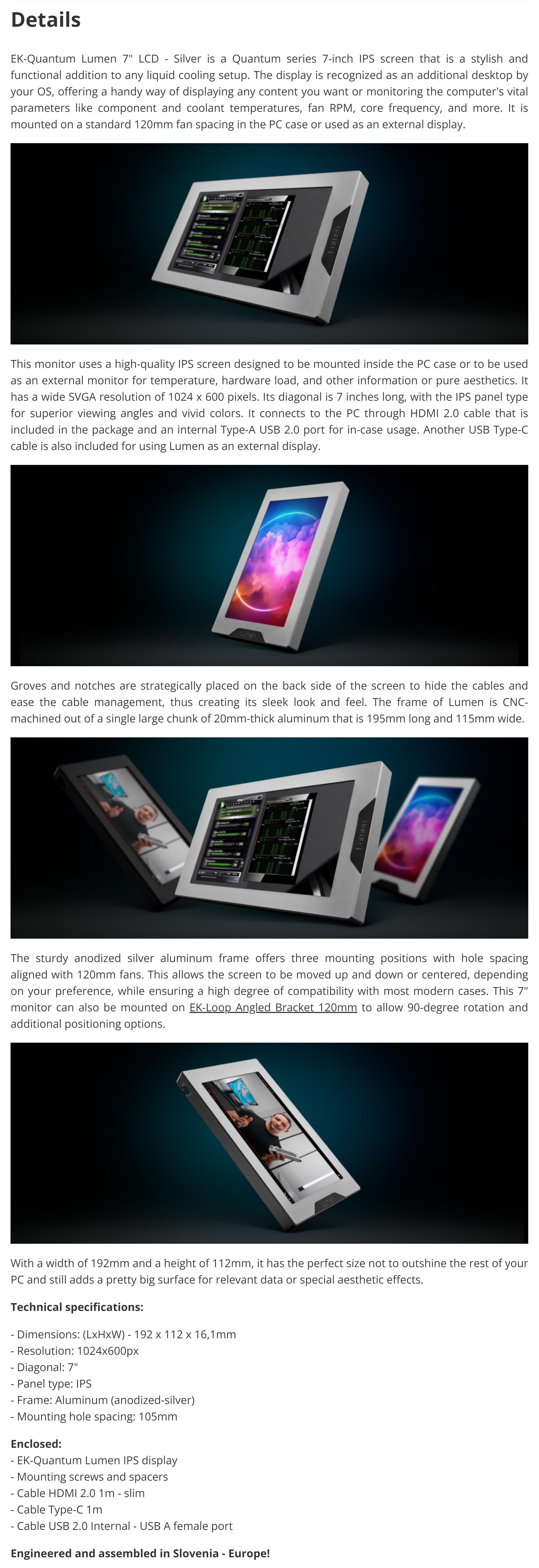A large marketing image providing additional information about the product EK-Quantum Lumen 7˝ LCD - Silver - Additional alt info not provided