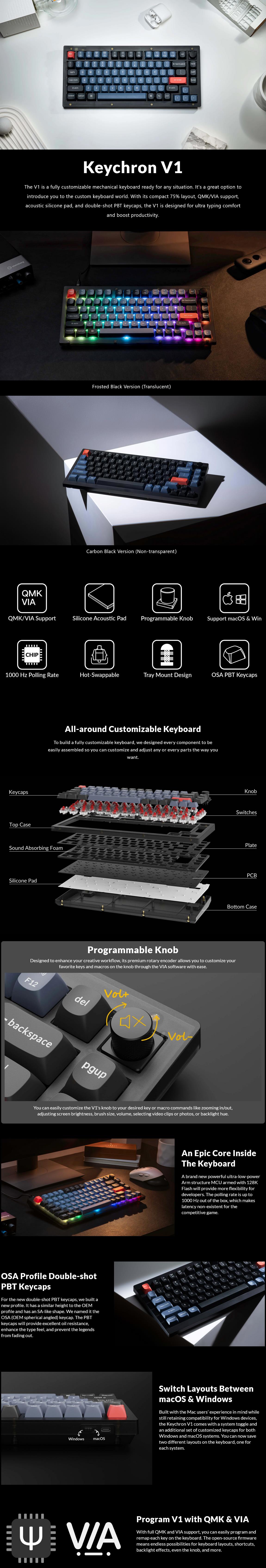 A large marketing image providing additional information about the product Keychron V1 RGB 75% Mechanical Keyboard - Frosted Black (Brown Switch) - Additional alt info not provided